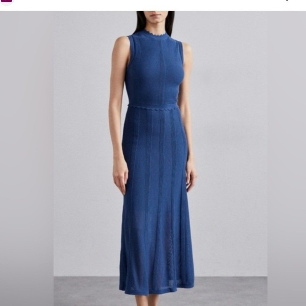 The Kooples Blue Pointelle Knit Scalloped Sleeveless Maxi Dress NEW US 6